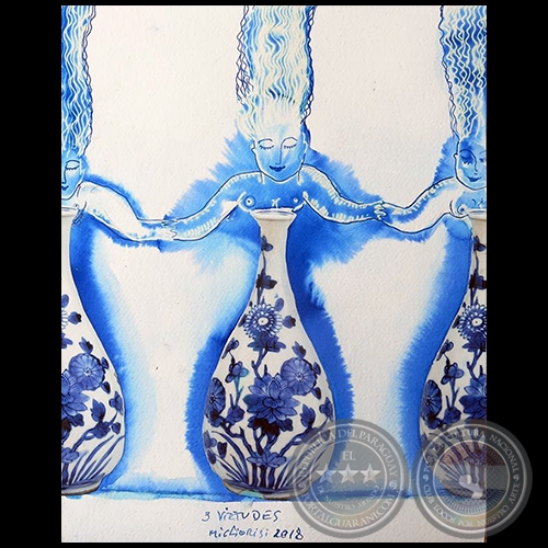 3 Virtudes - Serie AZUL dibujo sobre papel de Ricardo Migliorisi - Año: 2018